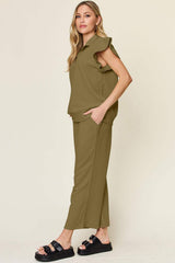 Double Take Texture Ruffle Short Sleeve Top and Drawstring Wide Leg Pants Set - Trendsi - Flyclothing LLC