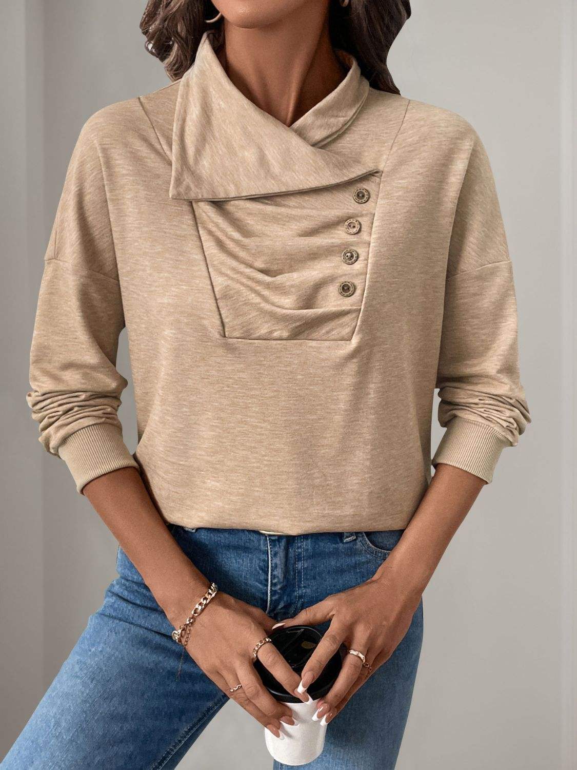 Perfee Asymmetric Mock Neck Long Sleeve Sweatshirt - Trendsi - Flyclothing LLC