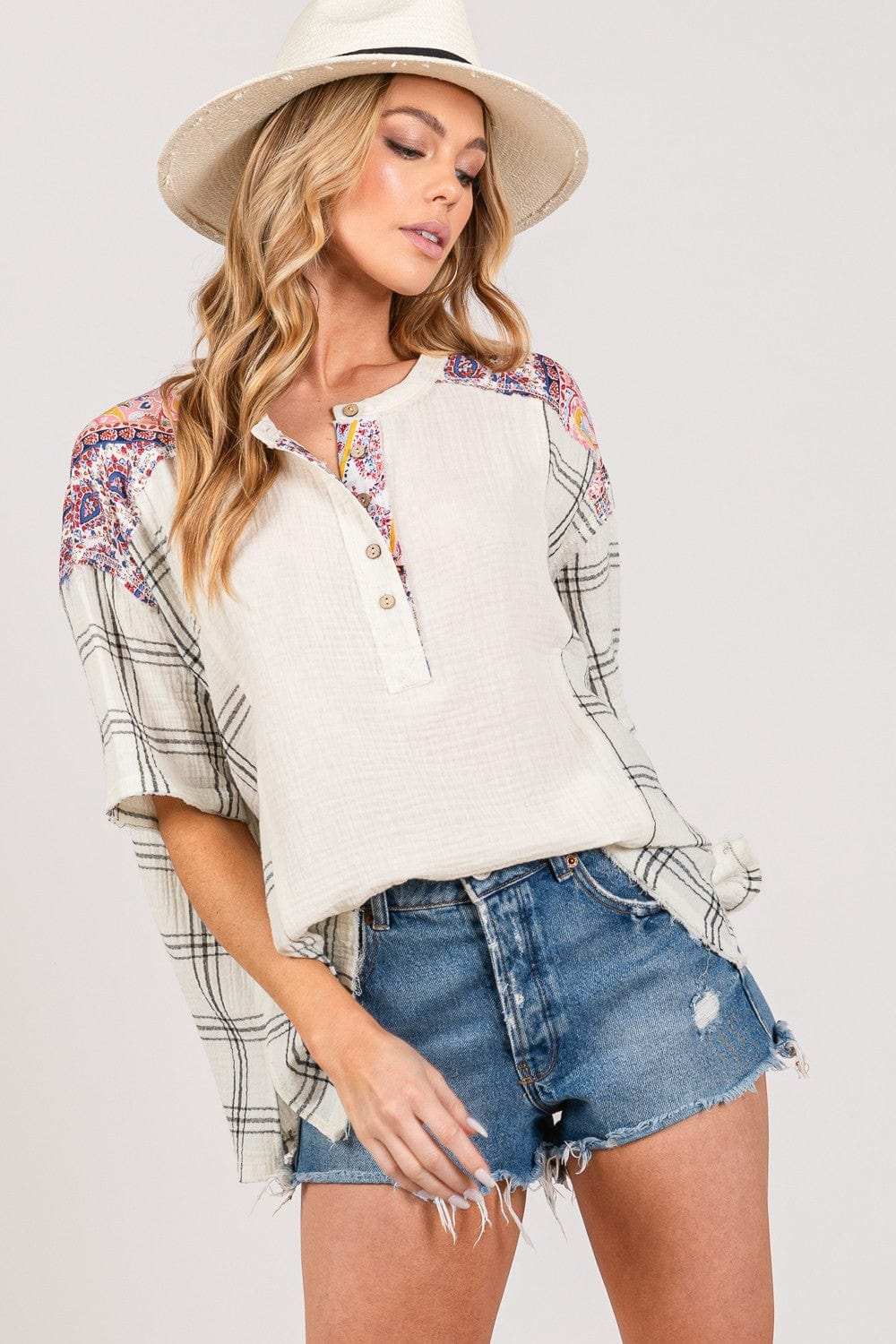 SAGE + FIG Plaid Half Button Gauze Top - Trendsi - Flyclothing LLC