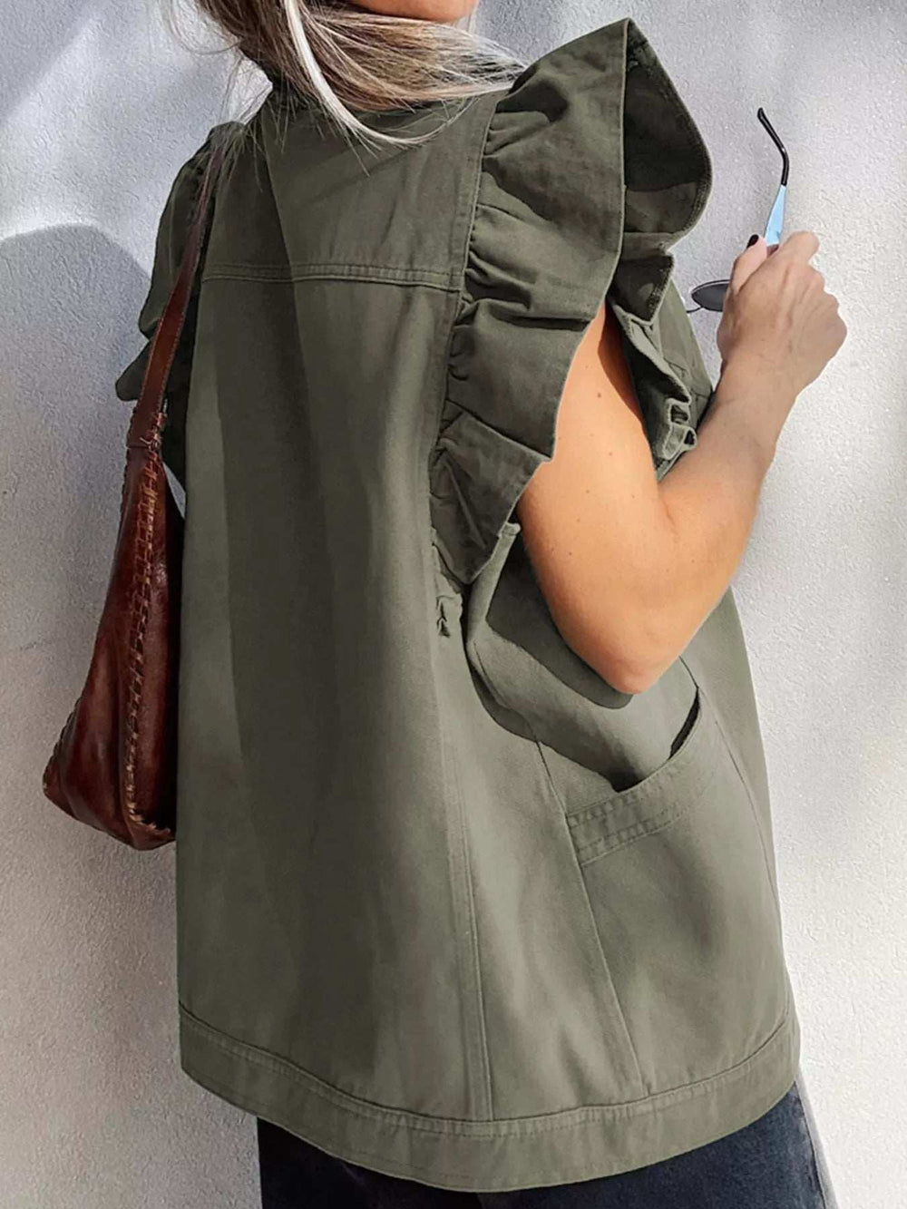 Ruffled Patchwork Denim Jacket Vest - Trendsi - Flyclothing LLC