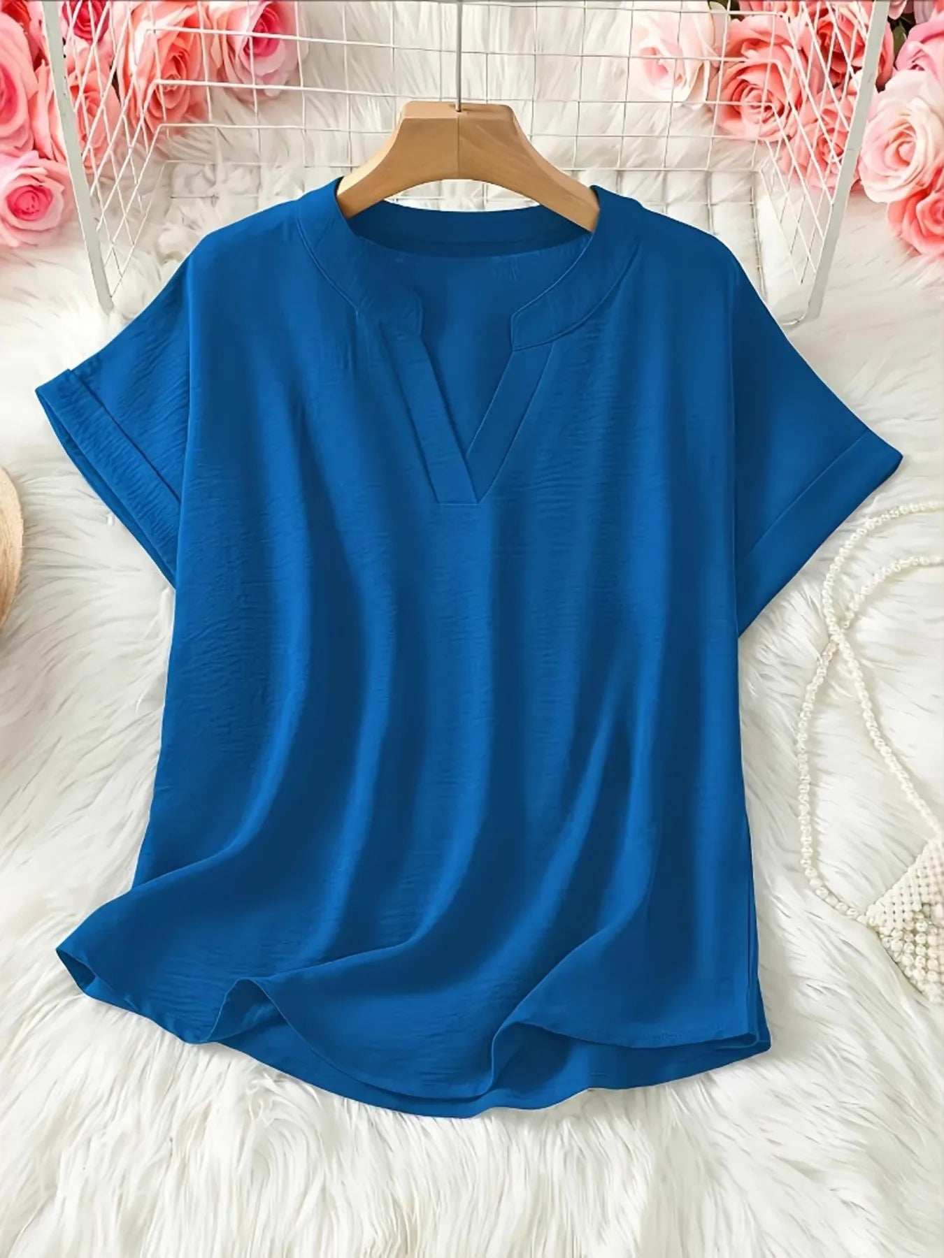 Casual Notched Short Sleeve Blouse - Trendsi - Flyclothing LLC