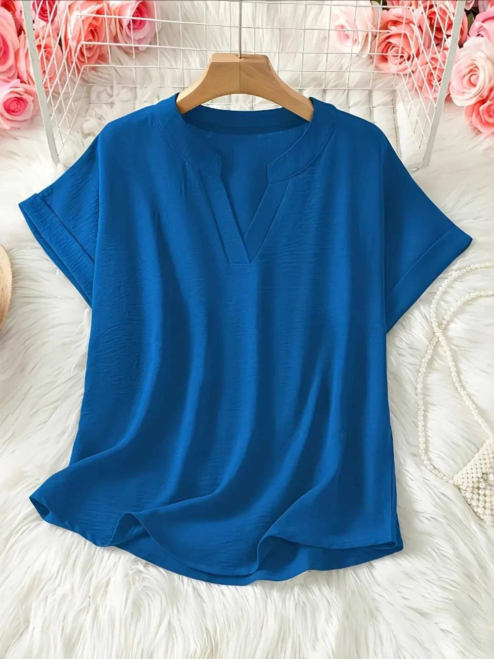 Casual Notched Short Sleeve Blouse - Trendsi - Flyclothing LLC