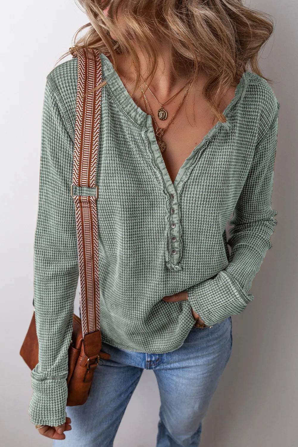 Notched Long Sleeve Top - Trendsi - Flyclothing LLC
