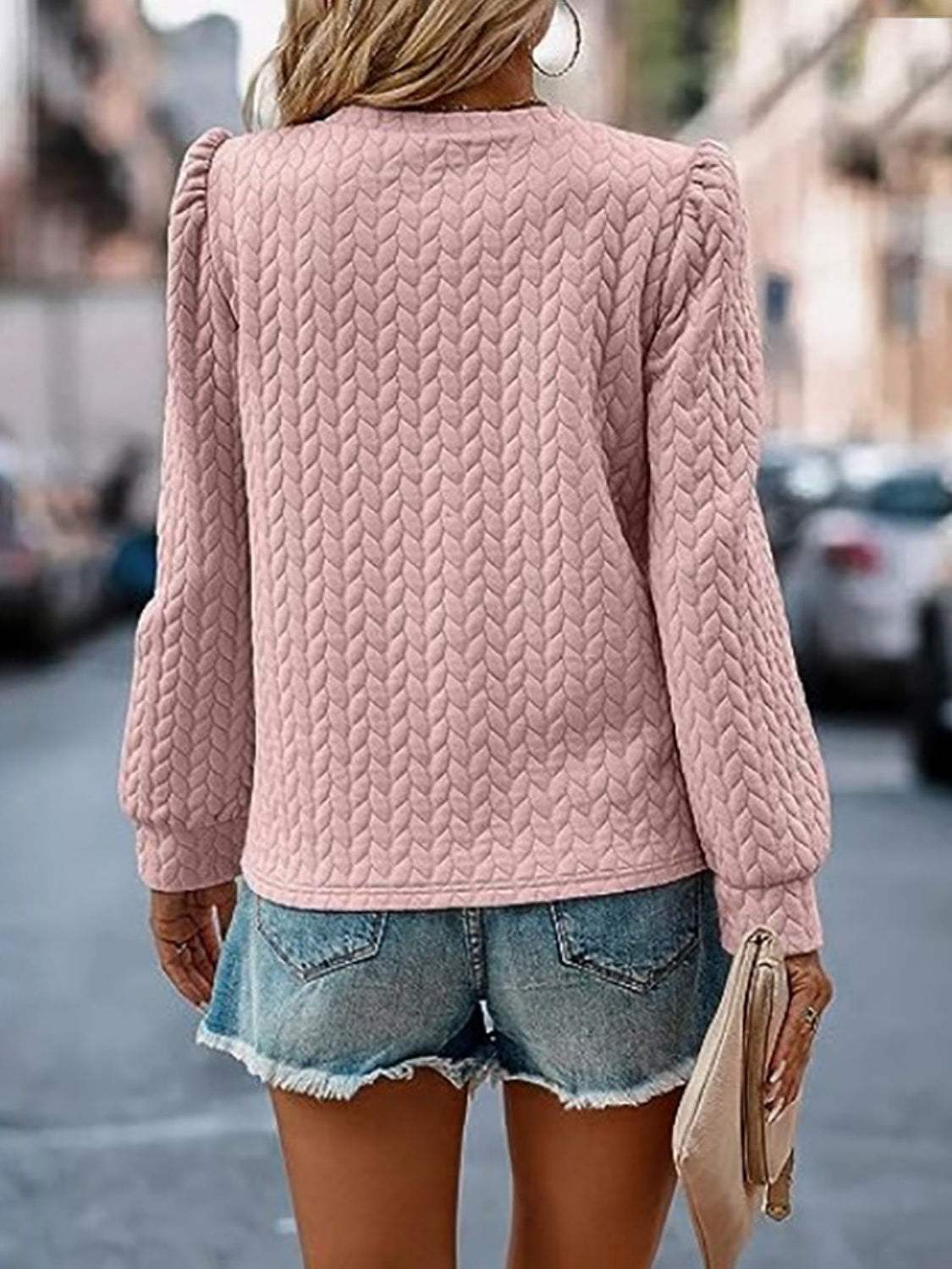 Textured Round Neck Long Sleeve Sweatshirt - Trendsi - Flyclothing LLC