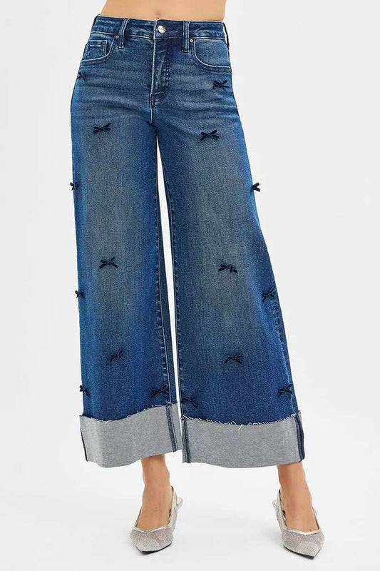 RISEN High Rise Crop Wide Leg Ribbon Detail Jeans - Trendsi - Flyclothing LLC