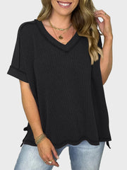 Lovelet Texture V-Neck Half Sleeve T-Shirt - Trendsi
