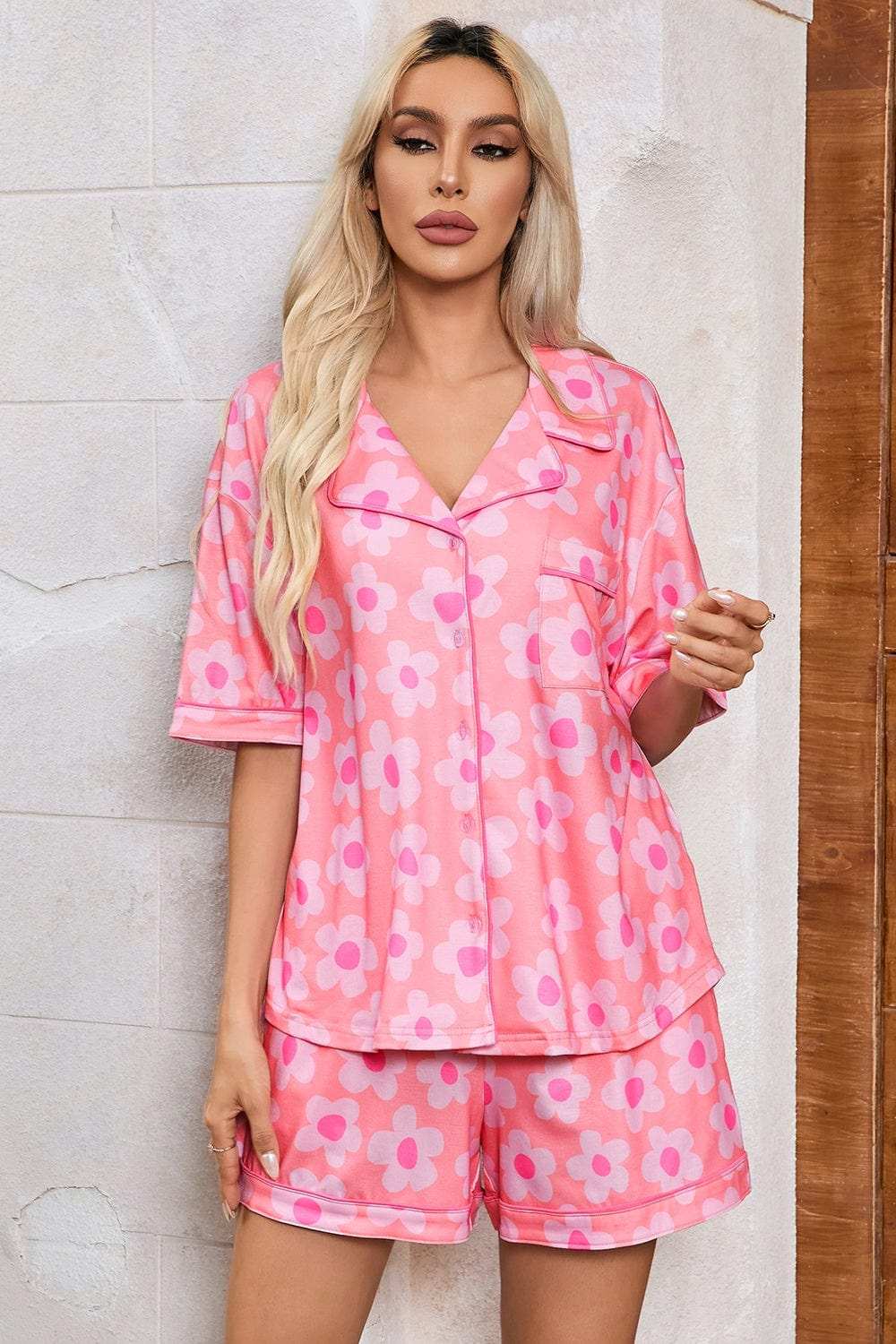 Pocketed Flower Half Sleeve Top and Shorts Lounge Set - Trendsi - Flyclothing LLC