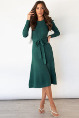 Round Neck Long Sleeve Tie Waist Sweater Dress - Trendsi