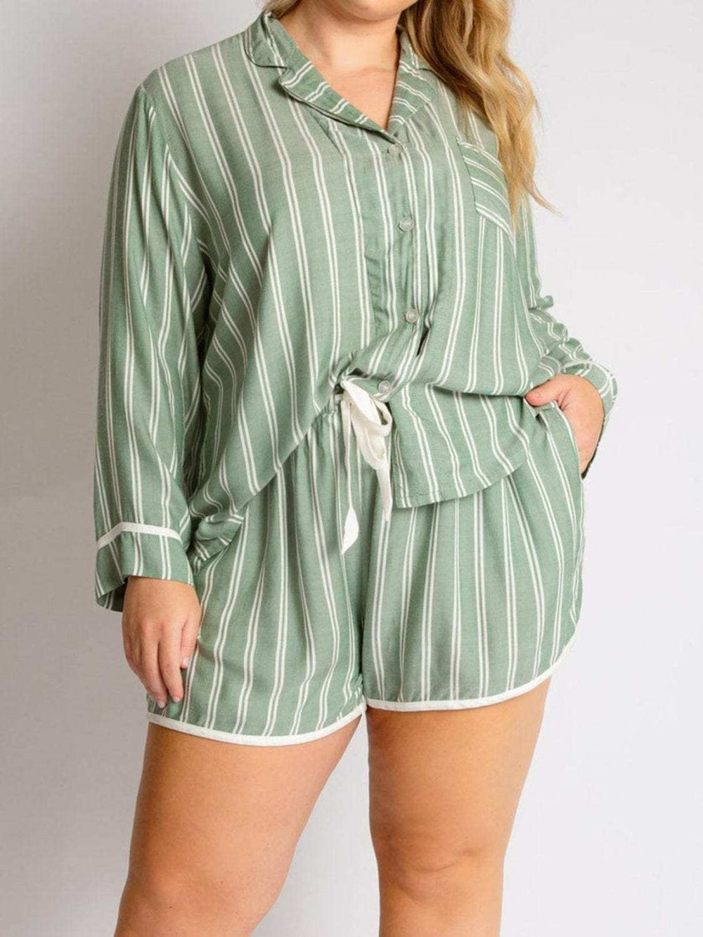 Striped Collared Neck Long Sleeve Top and Shorts Lounge Set - Trendsi - Flyclothing LLC