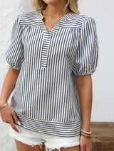 Striped Notched Puff Sleeve Blouse - Trendsi - Flyclothing LLC
