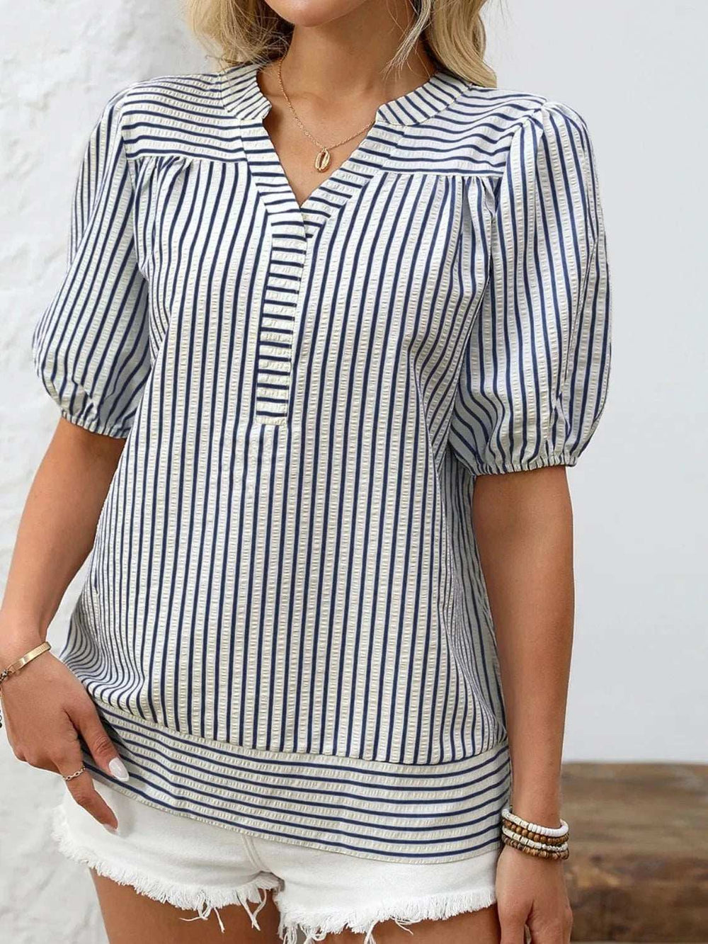 Striped Notched Puff Sleeve Blouse - Trendsi - Flyclothing LLC