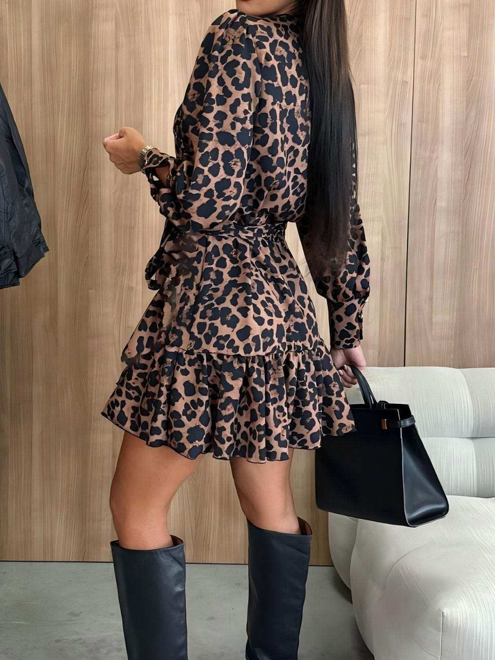 Tied Leopard Surplice Long Sleeve Dress - Trendsi - Flyclothing LLC
