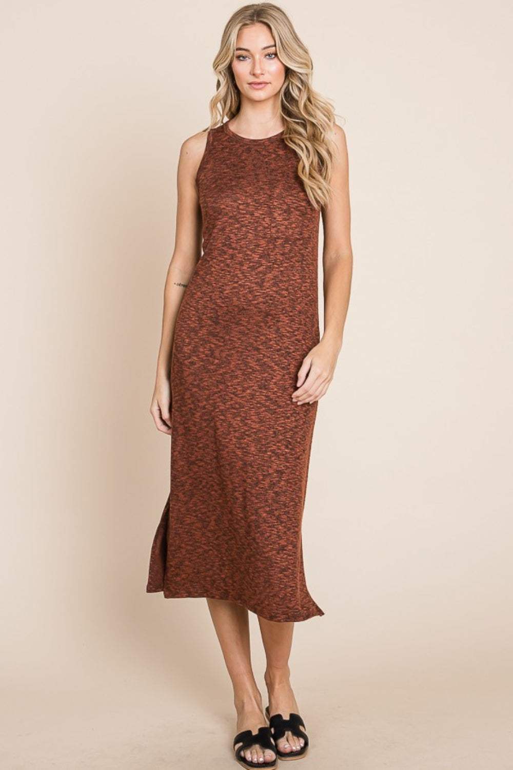 BOMBOM Slit Round Neck Sleeveless Midi Dress - Trendsi - Flyclothing LLC