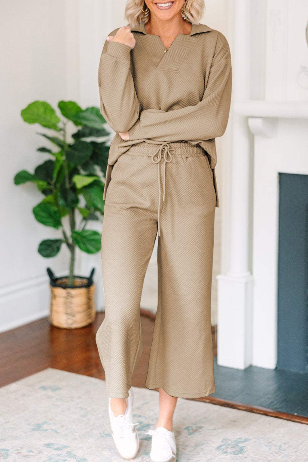 Textured Collared Neck Top and Wide Leg Pants Set - Trendsi - Flyclothing LLC