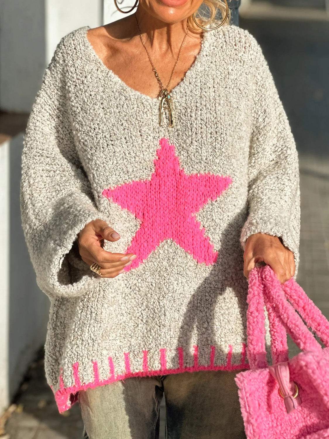 Star V-Neck Long Sleeve Oversize Sweater - Trendsi - Flyclothing LLC