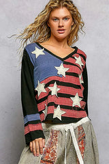 POL Double Gauze American Flag Patch V-Neck Long Sleeve T-Shirt - Trendsi - Flyclothing LLC