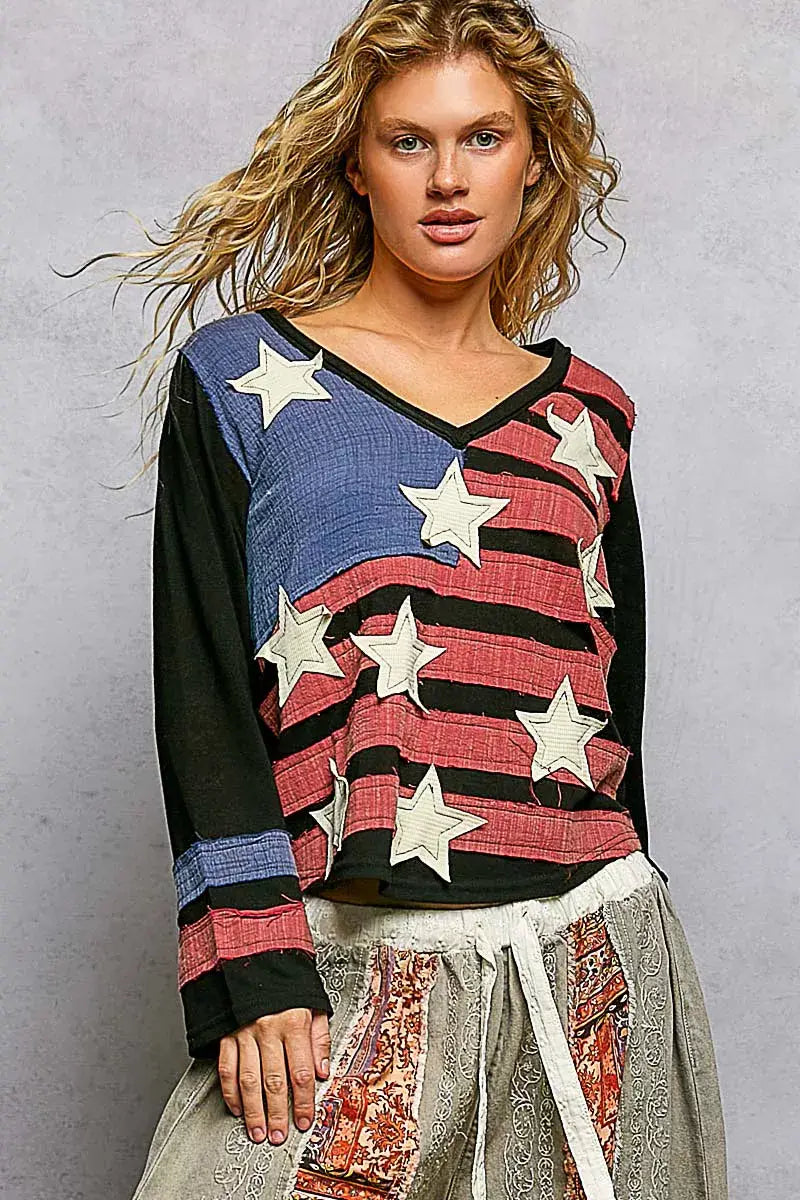 POL Double Gauze American Flag Patch V-Neck Long Sleeve T-Shirt - Trendsi - Flyclothing LLC