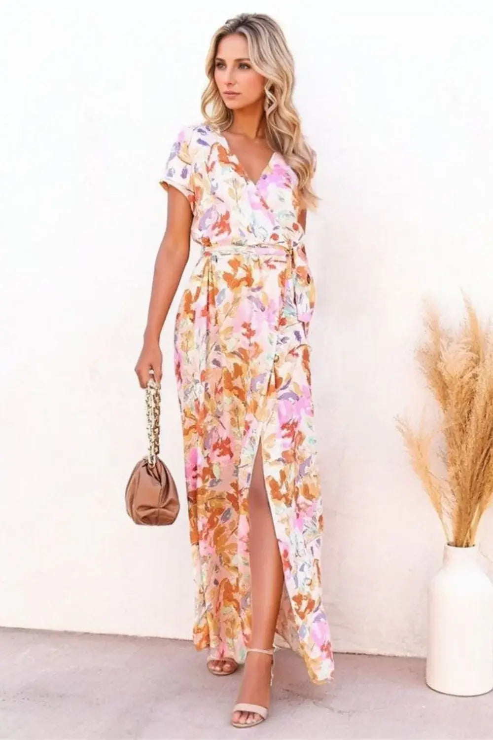 Printed Surplice Short Sleeve Tie Waist Maxi Dress - Trendsi - Flyclothing LLC