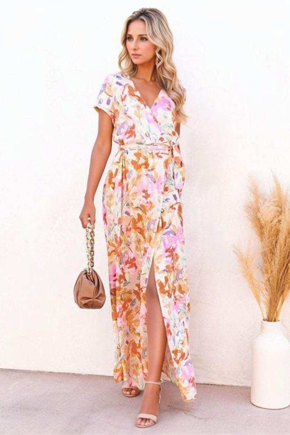 Printed Surplice Short Sleeve Tie Waist Maxi Dress - Trendsi - Flyclothing LLC