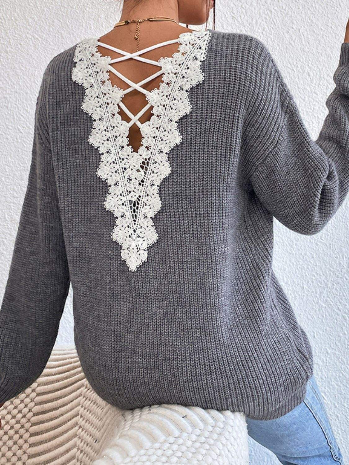 Crisscross V-Neck Long Sleeve Sweater - Trendsi - Flyclothing LLC