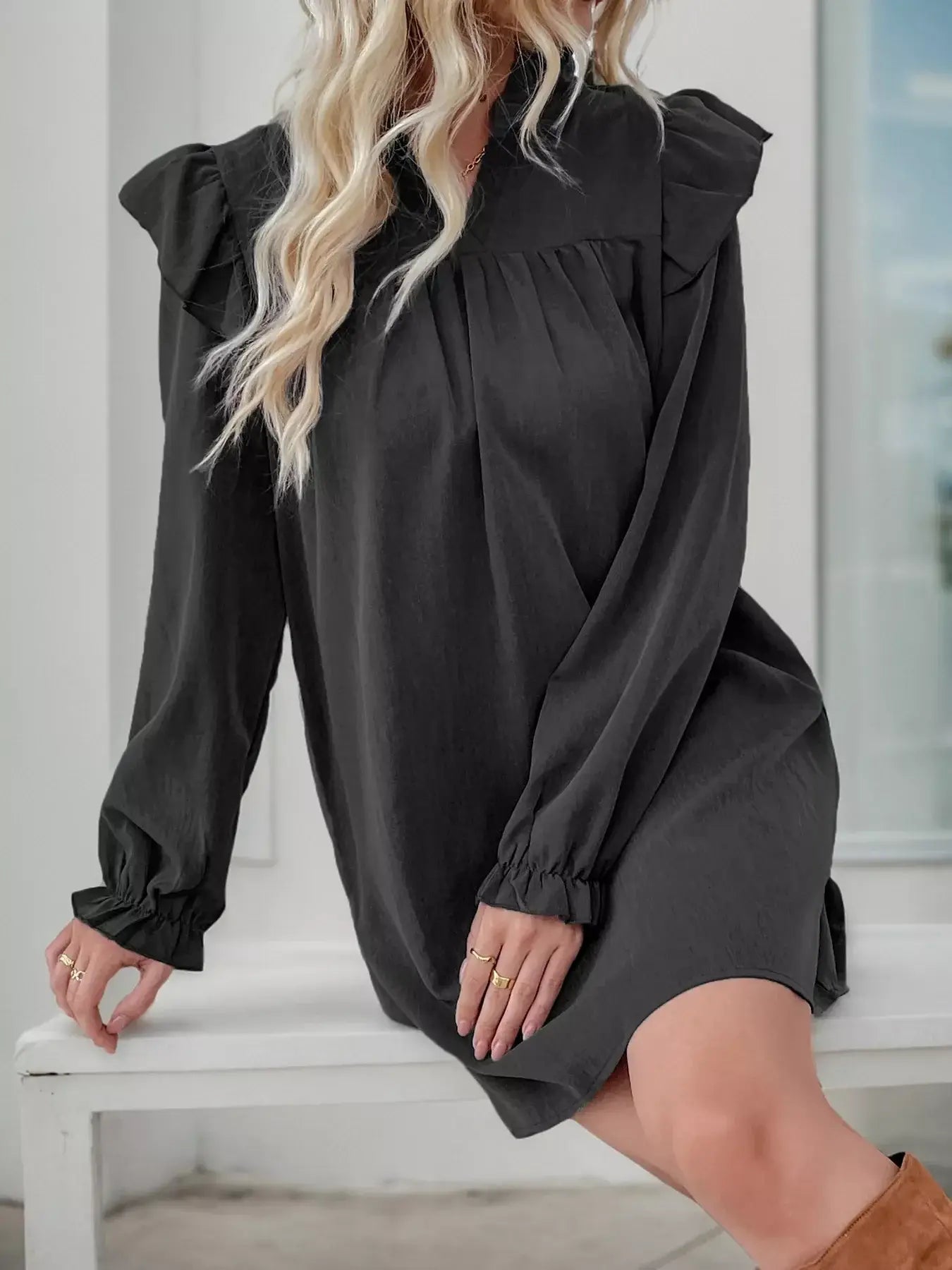 Ruffled Notched Flounce Sleeve Dress - Trendsi - Flyclothing LLC