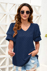 Swiss Dot V-Neck Short Sleeve Blouse - Trendsi - Flyclothing LLC