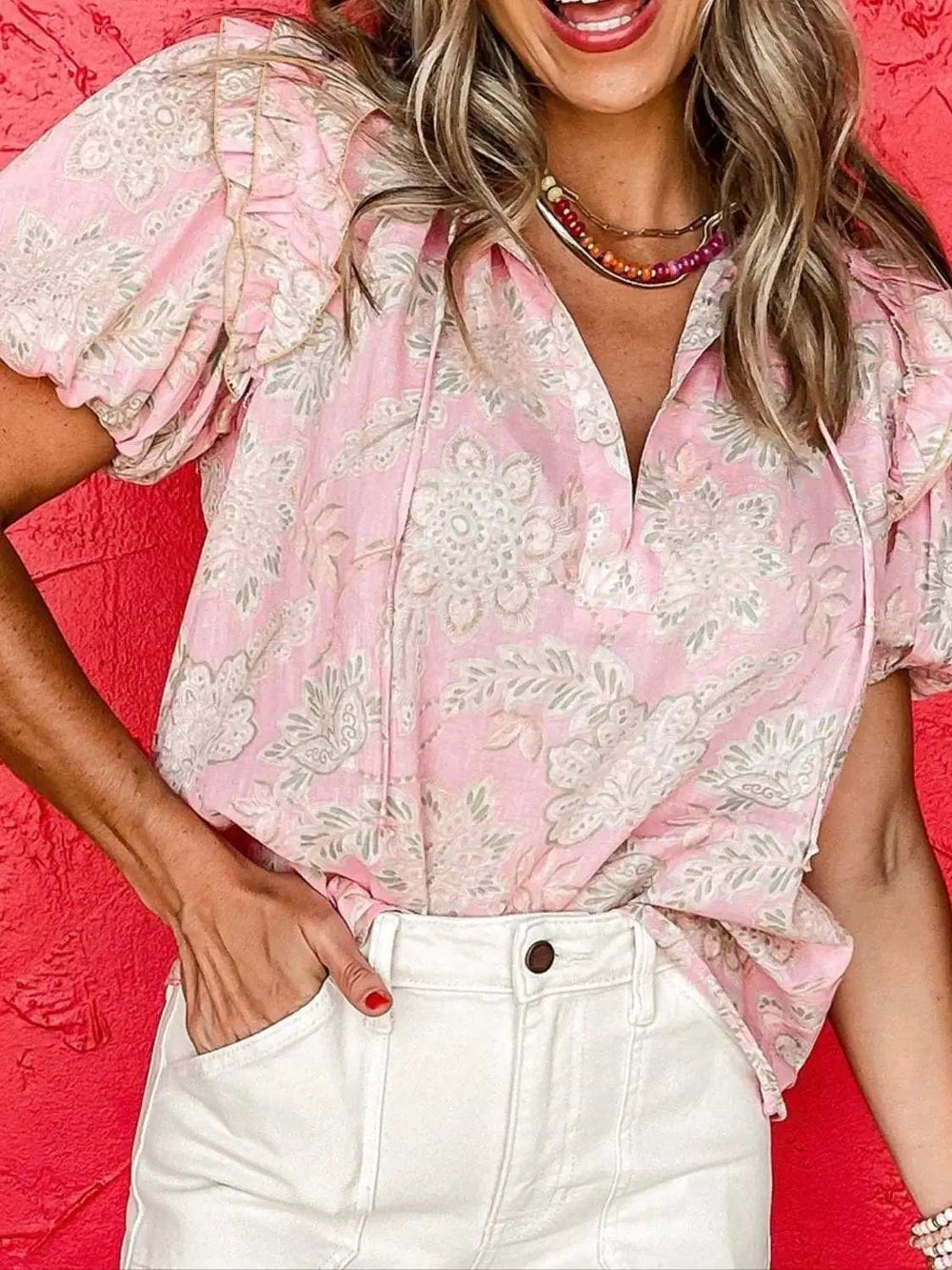 Floral Tie Neck Puff Sleeve Blouse - Trendsi - Flyclothing LLC