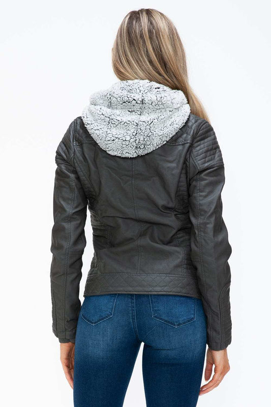 YMI Faux Layered Double-Zipper Jacket with Fuzzy Hood - Trendsi - Flyclothing LLC
