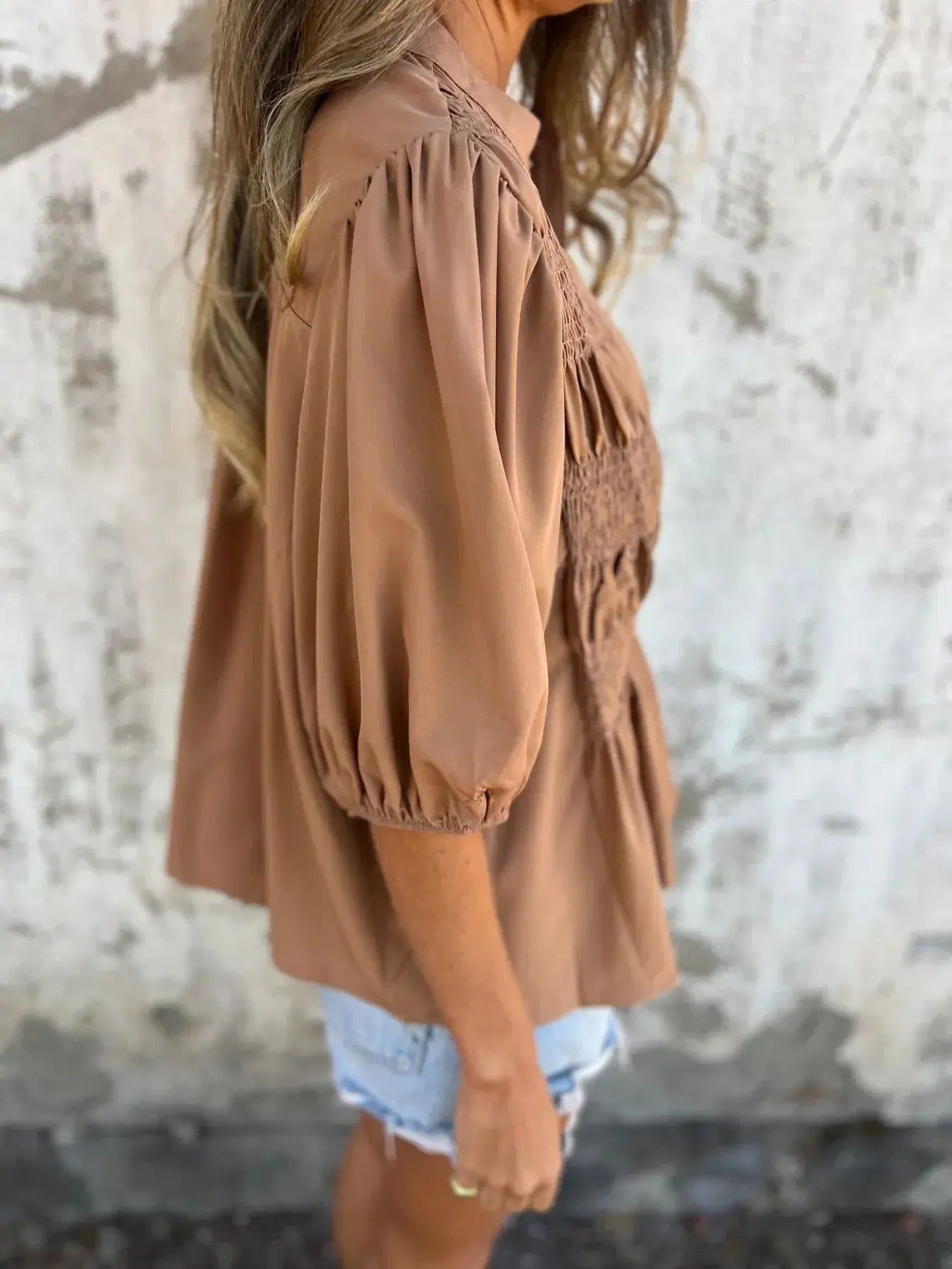 Full Size Smocked Puff Sleeve Blouse Plus Size - Trendsi - Flyclothing LLC
