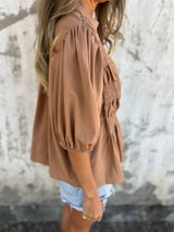 Full Size Smocked Puff Sleeve Blouse Plus Size - Trendsi - Flyclothing LLC