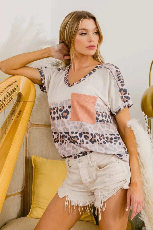 BiBi Leopard Stripe with Slub Terry Color Block T-Shirt - Trendsi - Flyclothing LLC