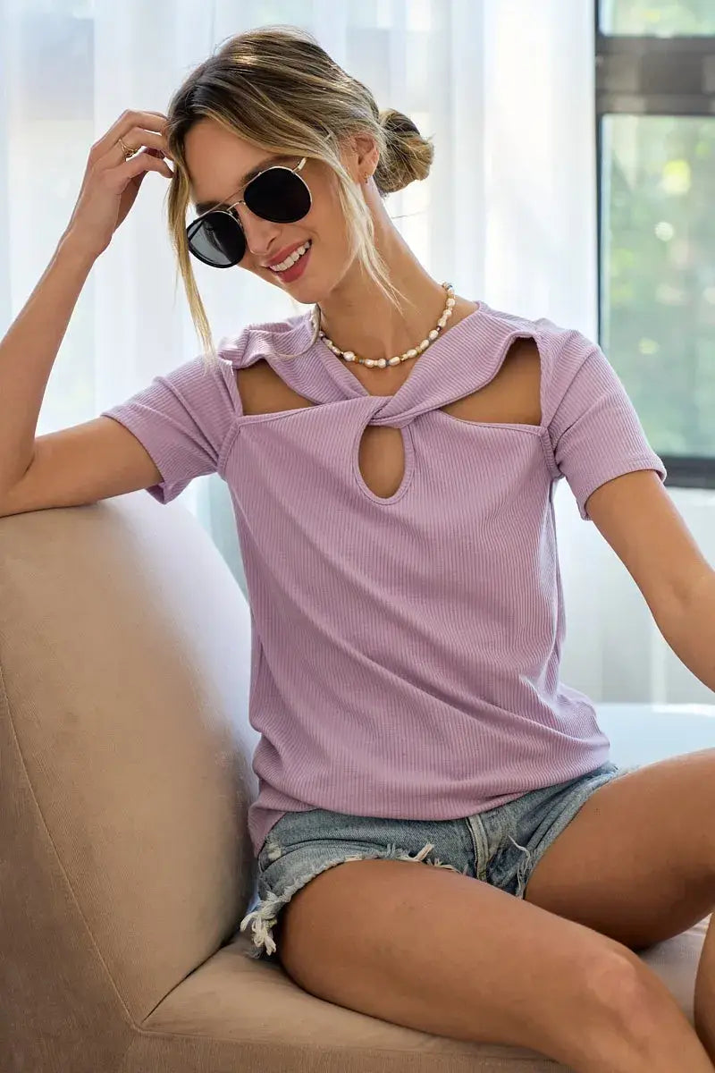 BiBi Rib Knit with Cut Out and Front Twist Detailed Top - Trendsi - Flyclothing LLC