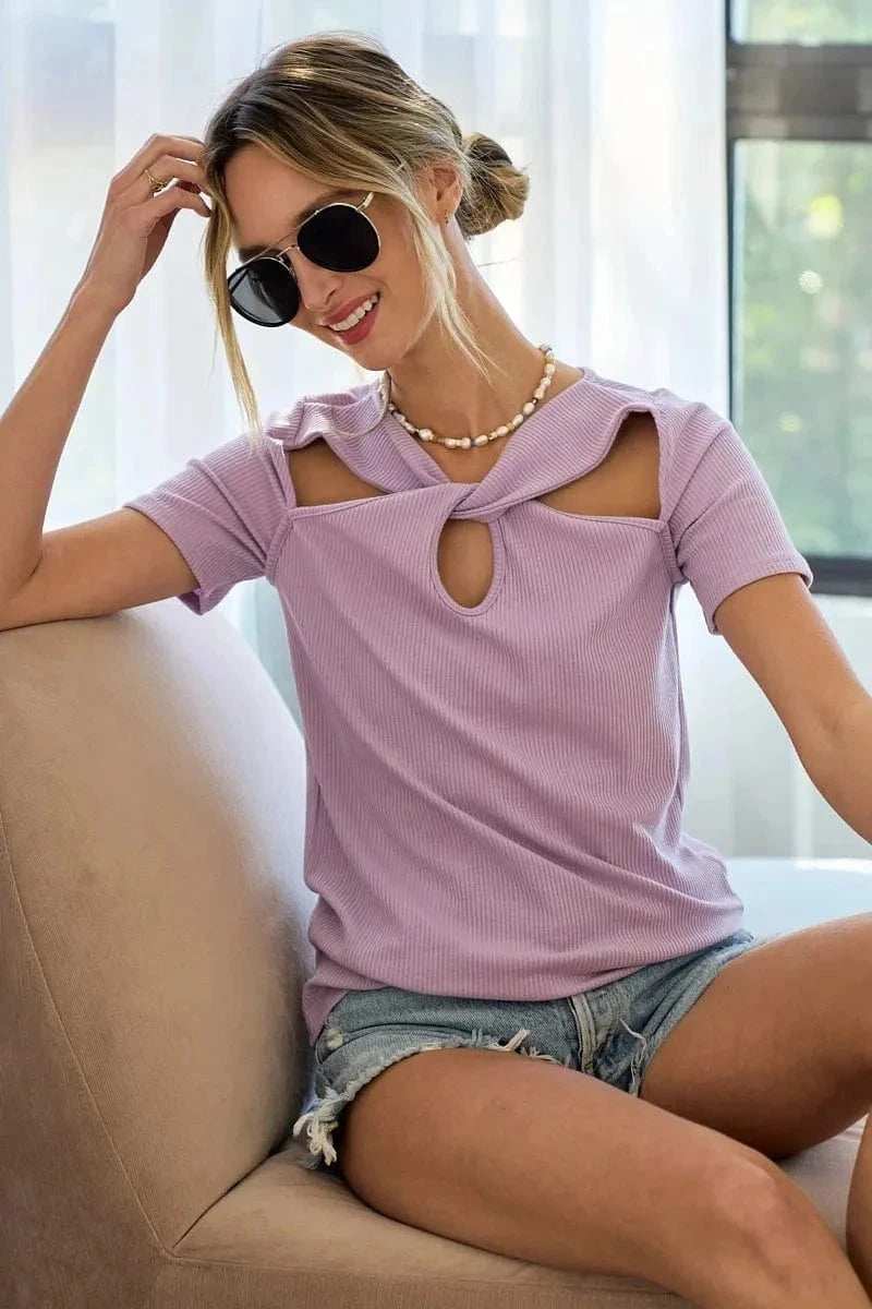BiBi Rib Knit with Cut Out and Front Twist Detailed Top - Trendsi - Flyclothing LLC
