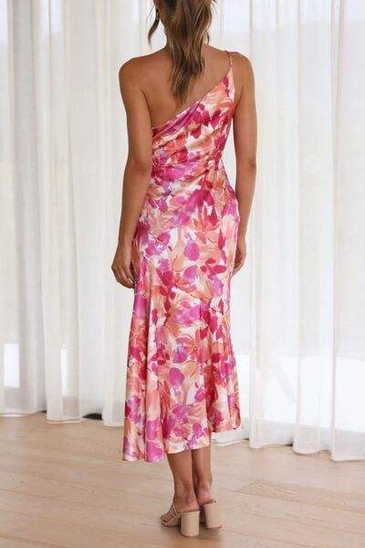Ruched Printed Single Shoulder Midi Dress - Trendsi - Flyclothing LLC