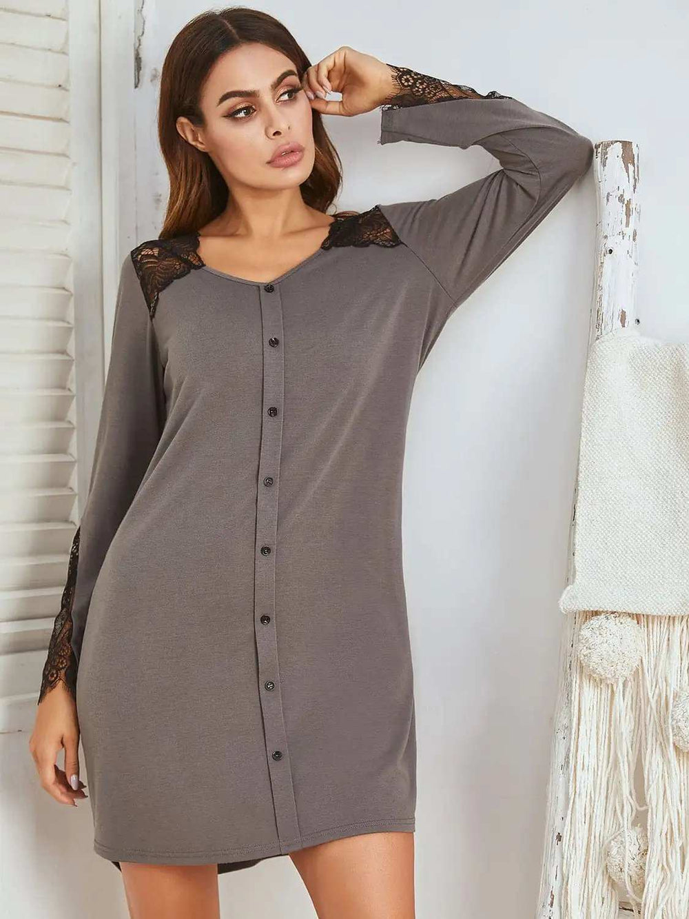 Lace Detail Long Sleeve Mini Lounge Dress - Trendsi - Flyclothing LLC