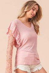 BiBi Ruffled Lace Sleeve Rib Knit Top - Trendsi - Flyclothing LLC