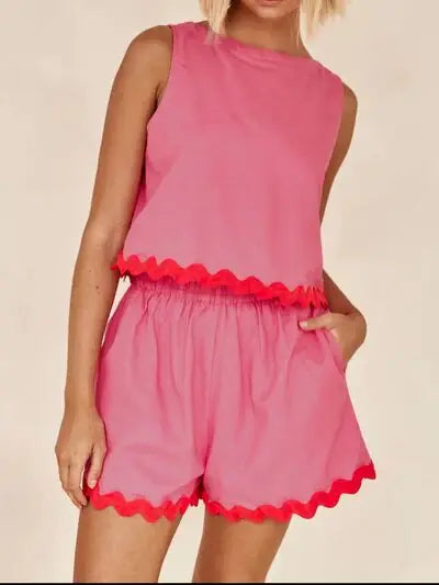 Contrast Trim Round Neck Tank and Shorts Set - Trendsi - Flyclothing LLC