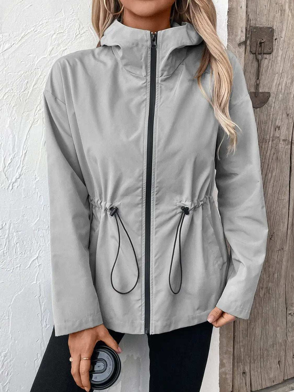 Drawstring Zip Up Hooded Jacket - Trendsi - Flyclothing LLC