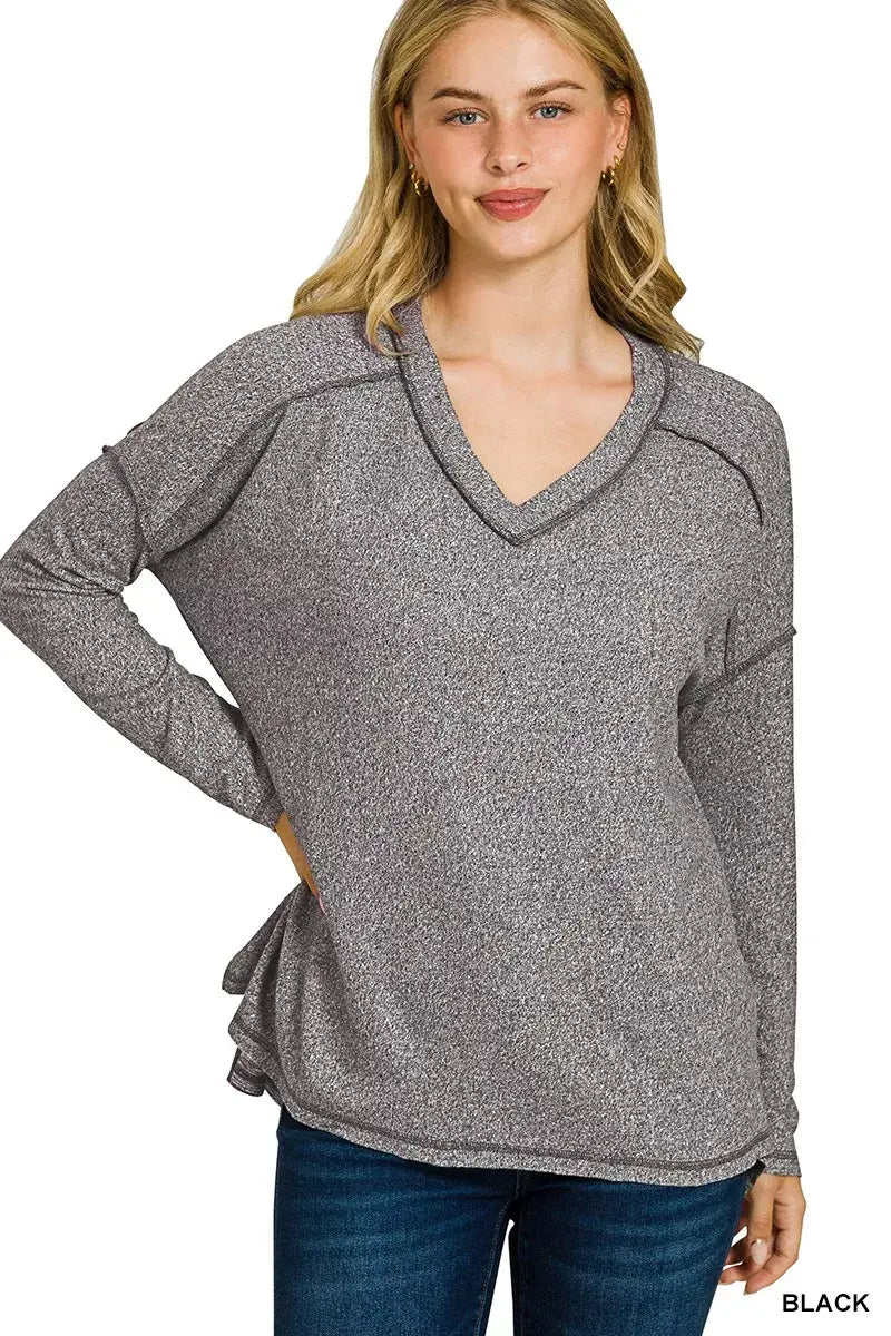 Zenana Soft Melange Hacci Exposed Seam Hi-low Tee - Trendsi - Flyclothing LLC