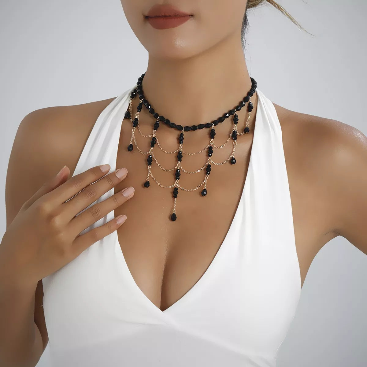 Beaded Choker Necklace with Draping Chains - Trendsi - Flyclothing LLC