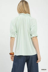 Umgee Textured Ruffle Sleeve V-Neck Top - Trendsi - Flyclothing LLC