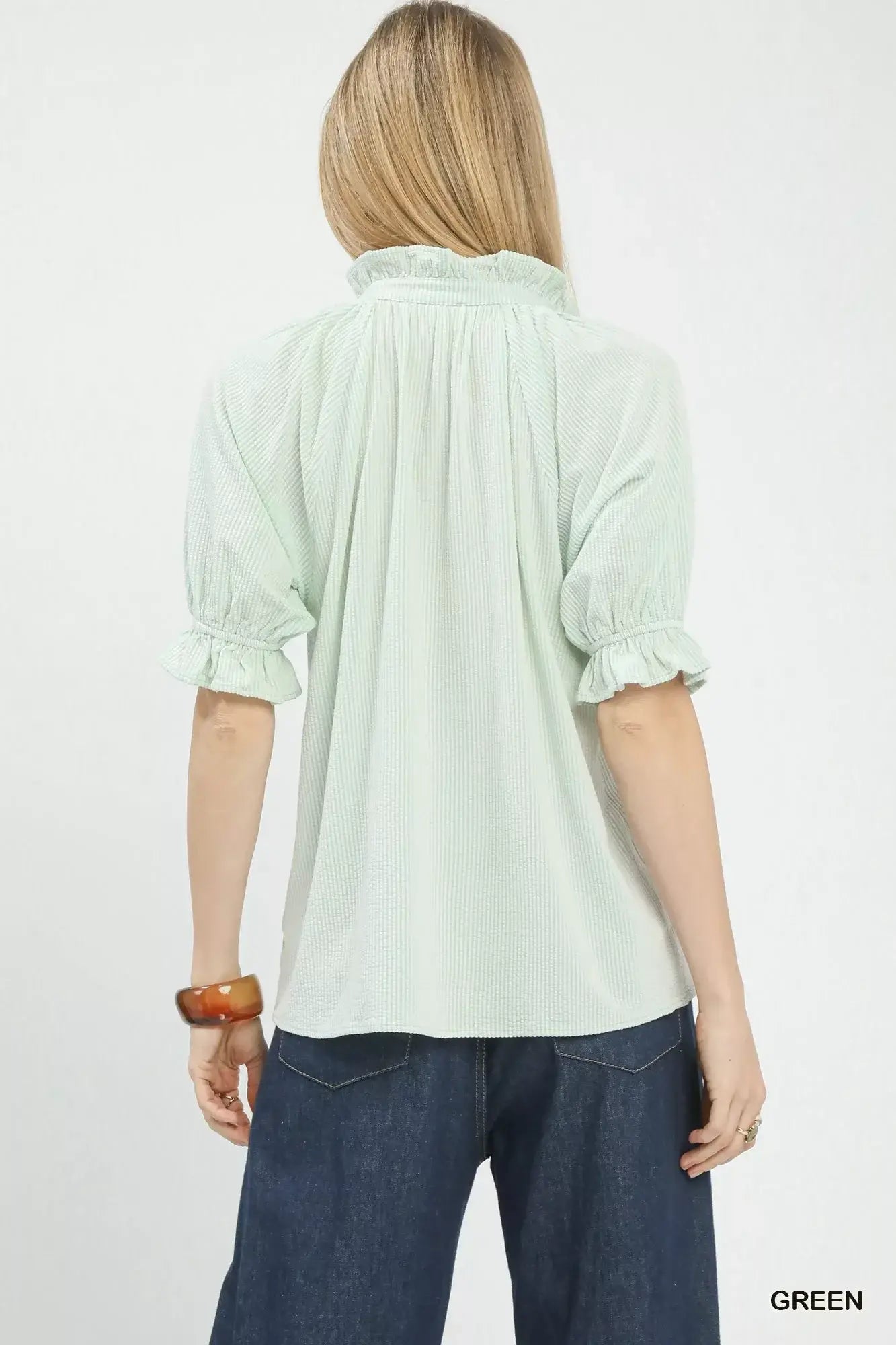 Umgee Textured Ruffle Sleeve V-Neck Top - Trendsi - Flyclothing LLC