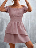 Ruffled Swiss Dot Off-Shoulder Dress - Trendsi