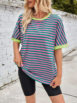 Lovelet Striped Round Neck Half Sleeve T-Shirt - Trendsi - Flyclothing LLC