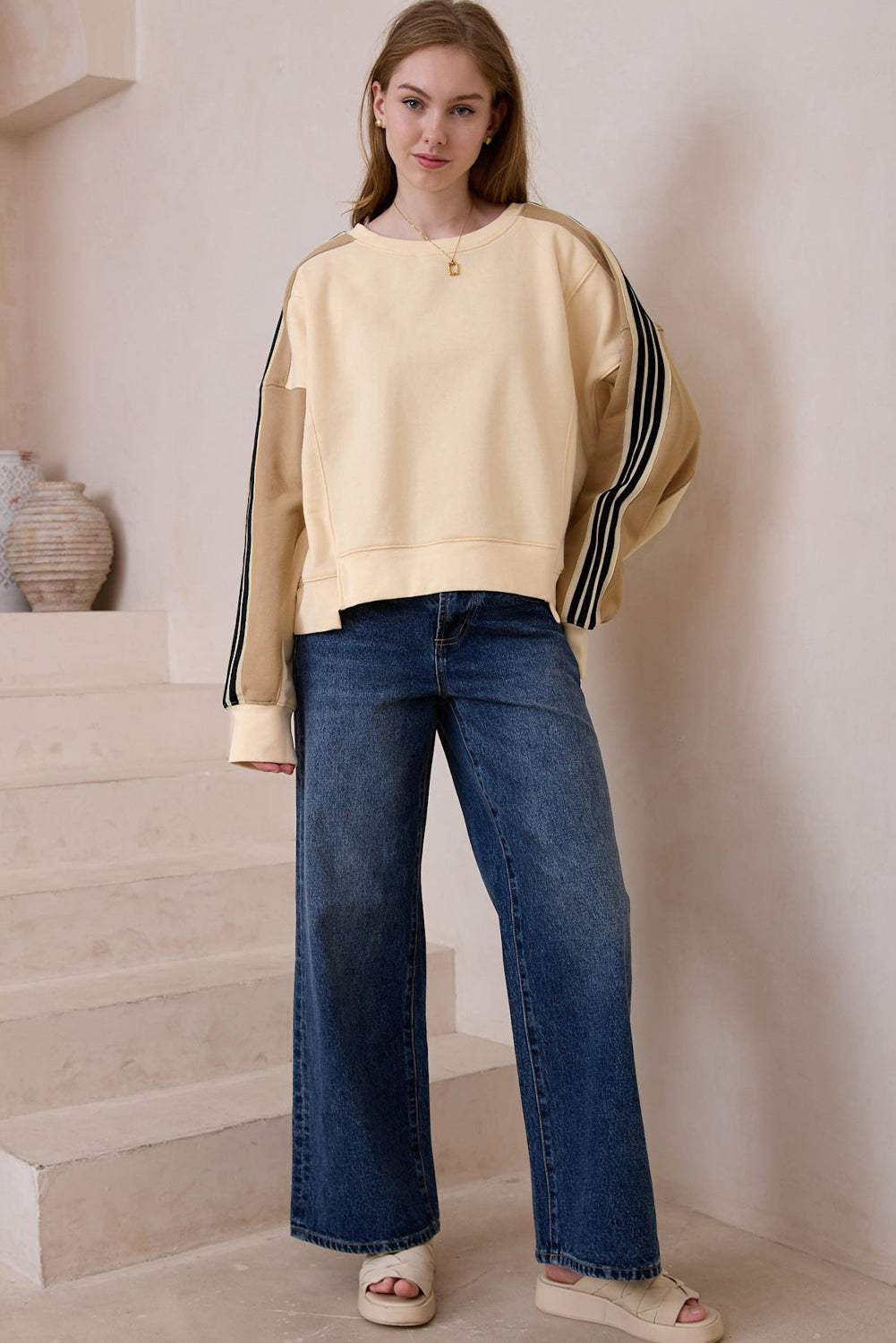 Contrast Round Neck Long Sleeve Sweatshirt - Trendsi - Flyclothing LLC