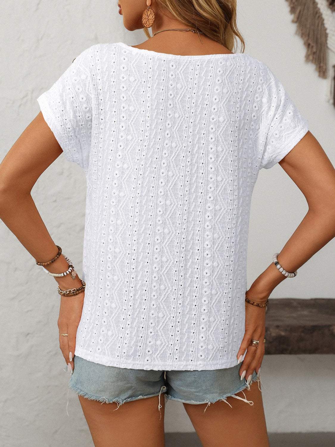 Mandy Eyelet Round Neck Short Sleeve Top - Trendsi - Flyclothing LLC