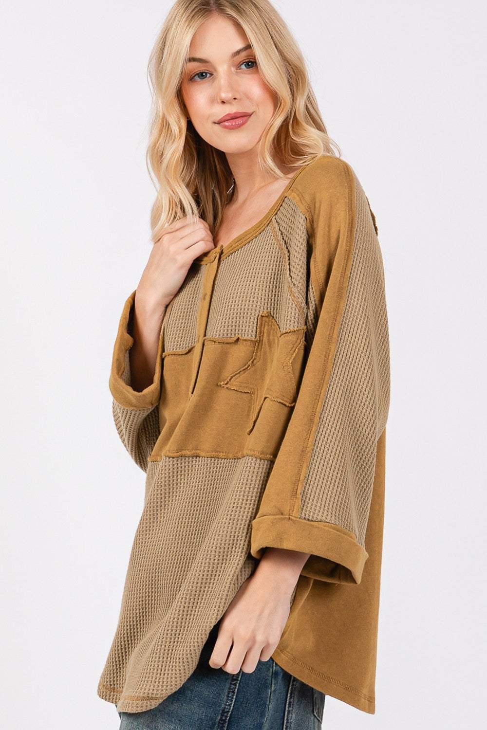 SAGE + FIG Star Applique Patch Exposed Seam Waffle Knit Top - Trendsi - Flyclothing LLC