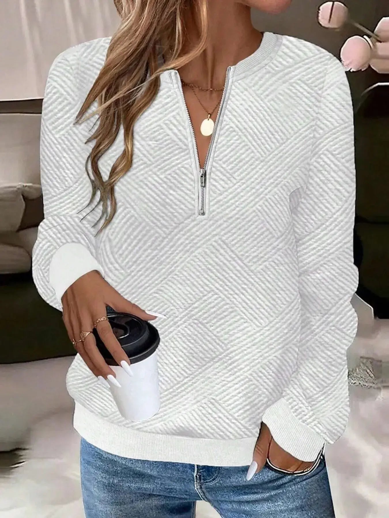 Quarter Zip Textured Long Sleeve Sweatshirt - Trendsi - Flyclothing LLC