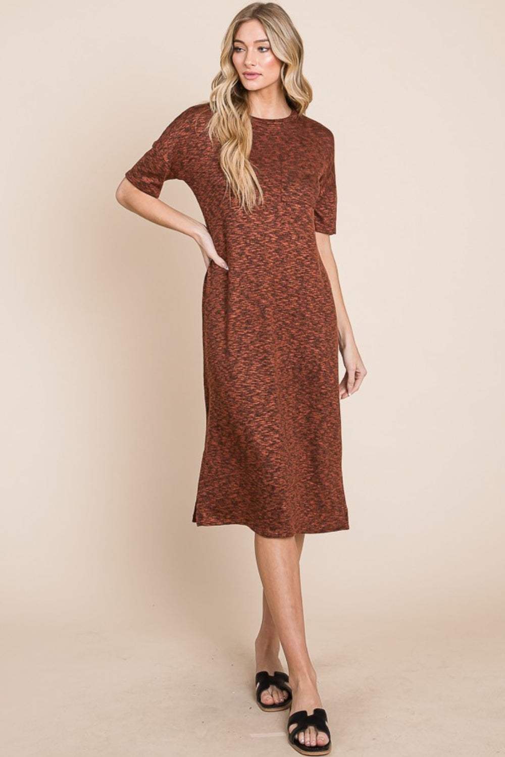 BOMBOM Round Neck Side Slit Midi Dress - Trendsi - Flyclothing LLC