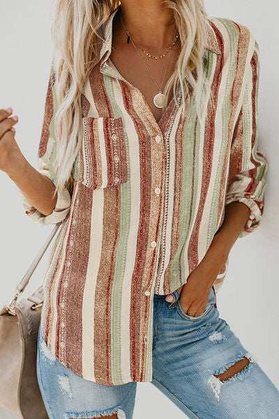 Striped Collared Neck Long Sleeve Shirt - Trendsi - Flyclothing LLC